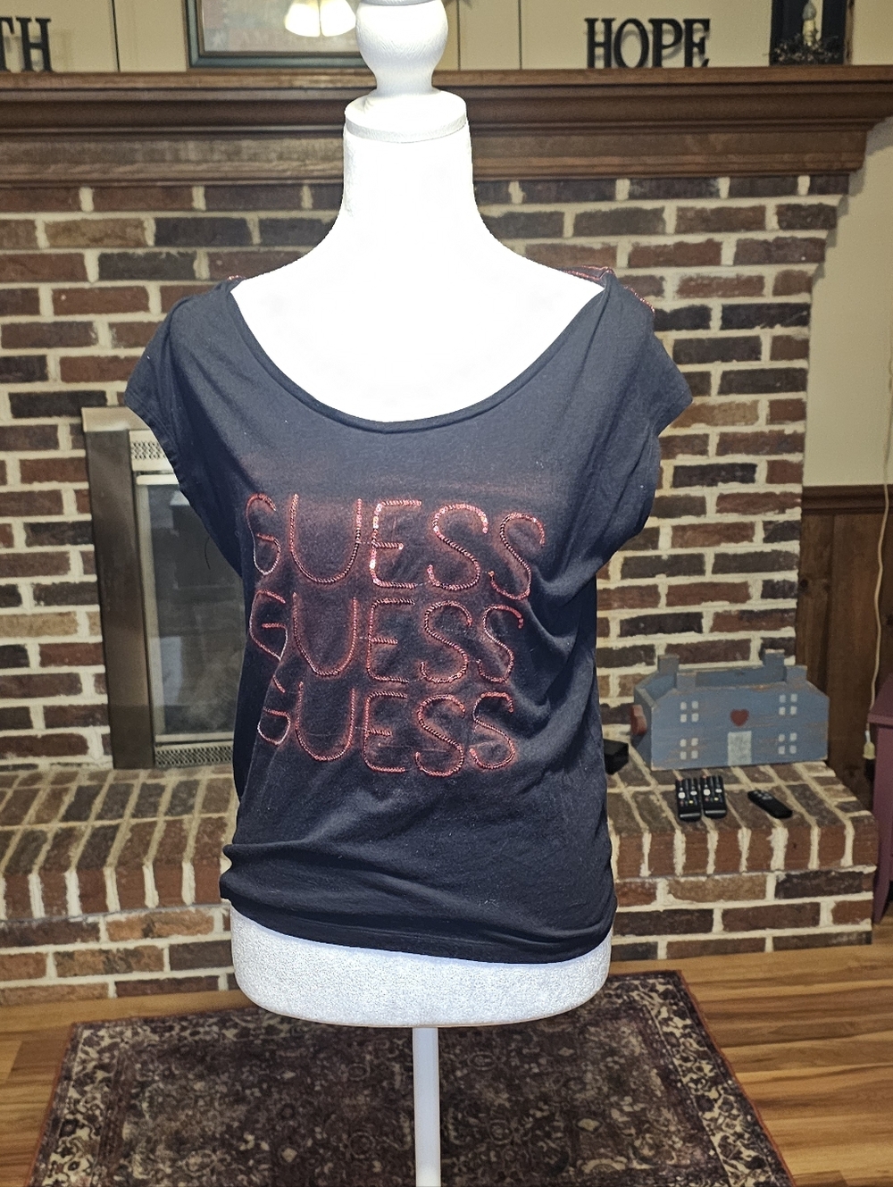 Guess Black Short Sleeve Tee with Red Logo
